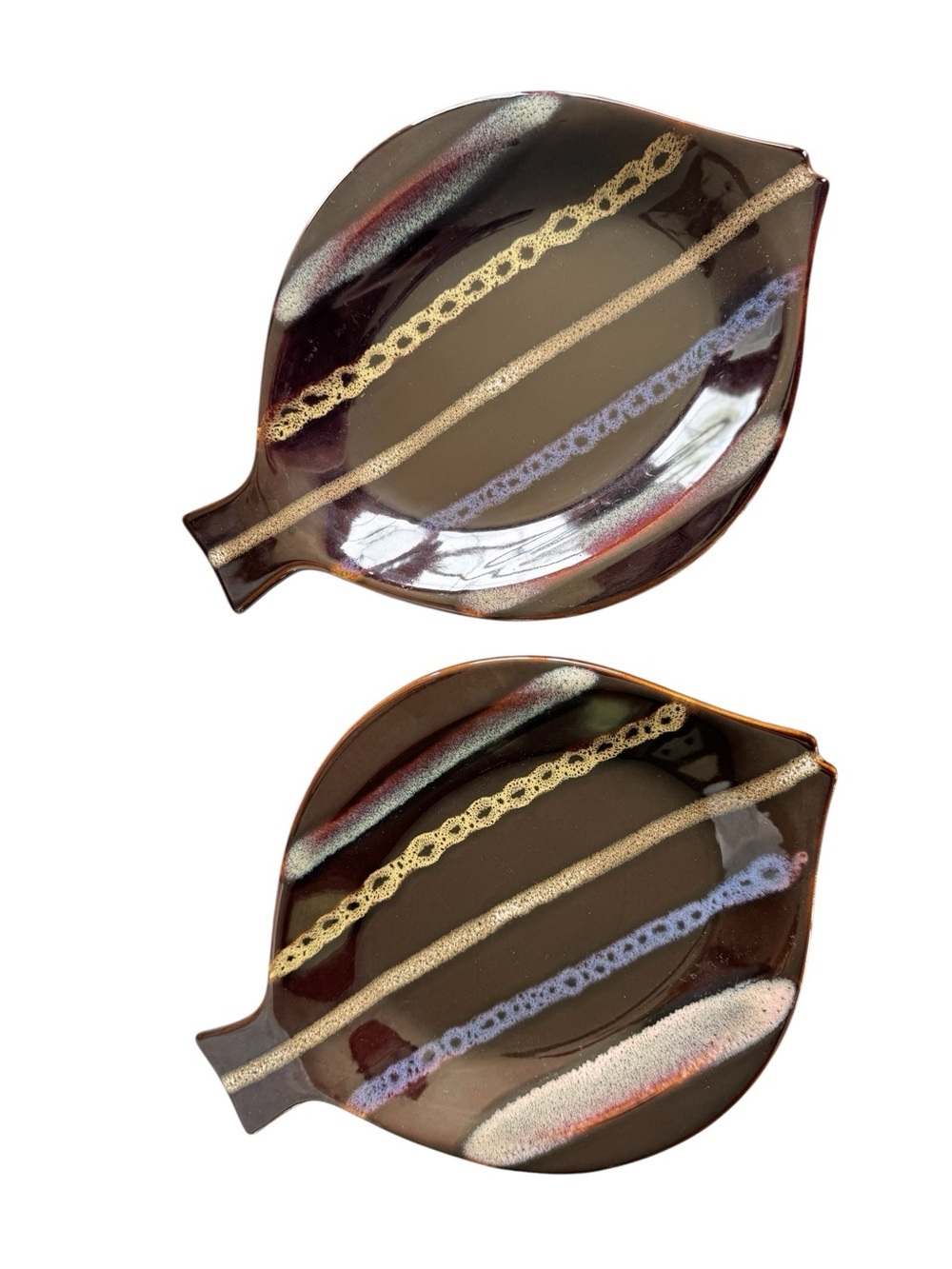 Leaf-Shaped Ceramic Trinket Dishes in Brown with Gold Accents - Set of 2
